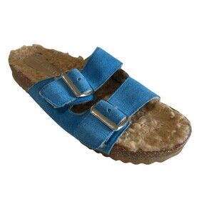 Vince Camuto Mannissa Women's 8M Blue Leather Faux Fur Slide Buckle Sandals
